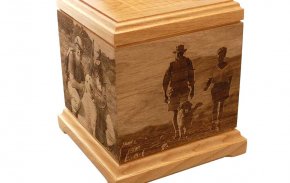 Engraved wood pet urn.